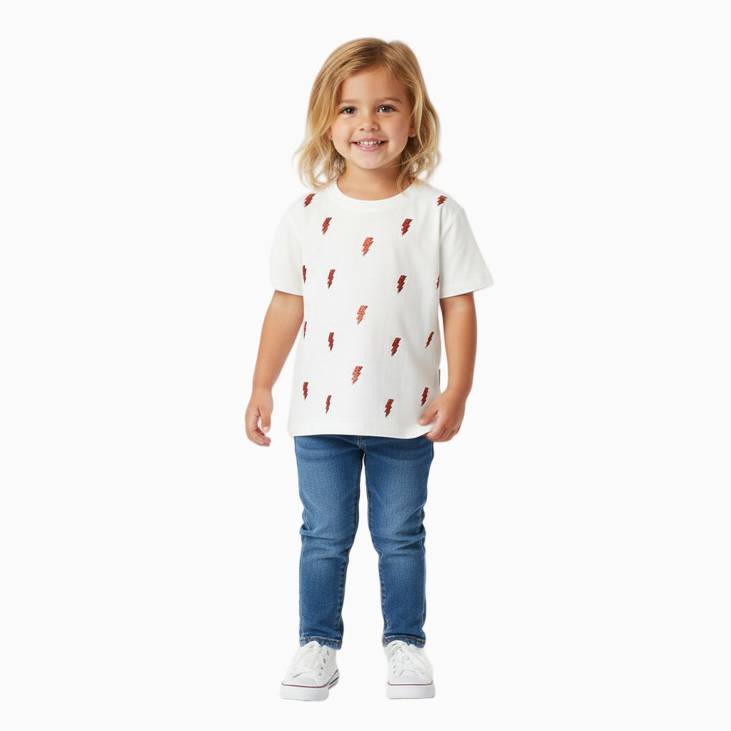 Only t-shirt mezza manica con fulmini rossi glitterati bambina bianca