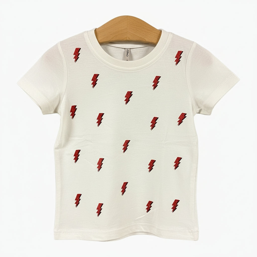 Only t-shirt mezza manica con fulmini rossi glitterati bambina bianca