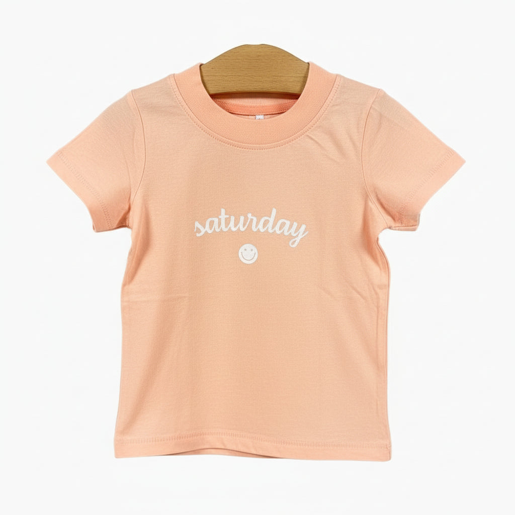 Only t-shirt mezza manica con scritta Saturday bambina rosa salmonato