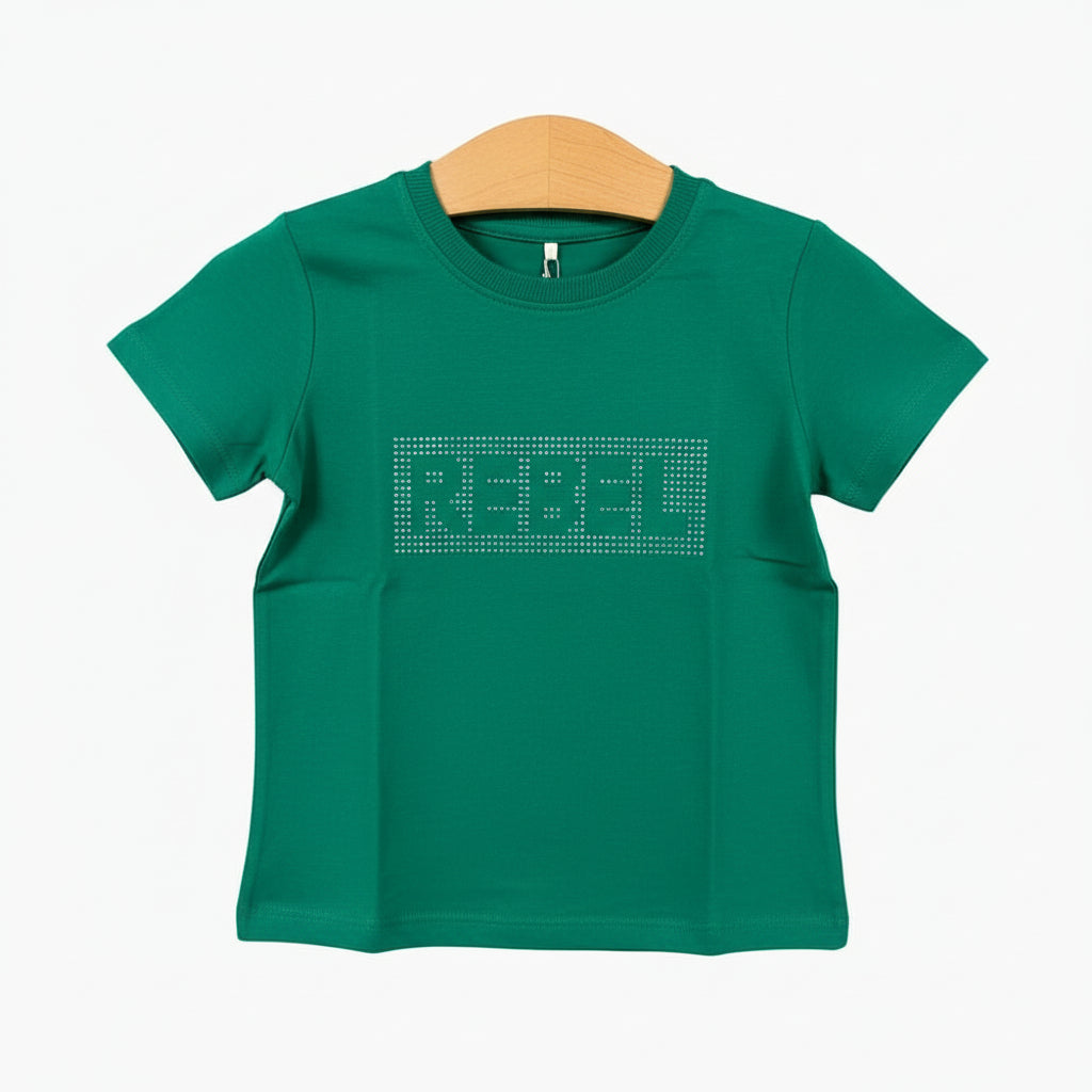 Only t-shirt mezza manica scritta con strass bambina verde