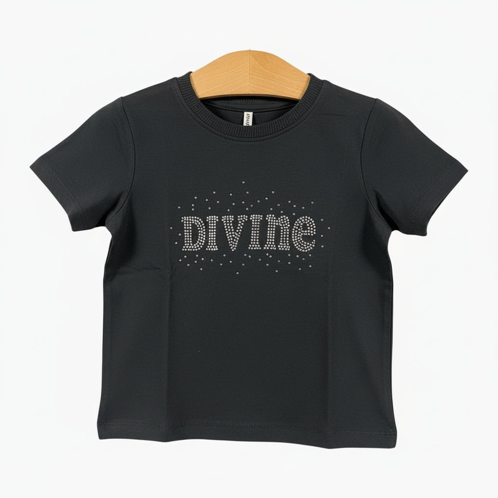 Only t-shirt mezza manica scritta con strass bambina nera