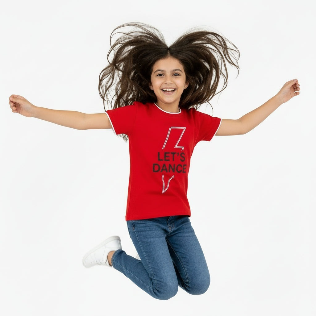 People t-shirt mezza manica bambina rossa con stampa "Let's dance" - Abbigliamento bambini firmato | CDifferent Outlet