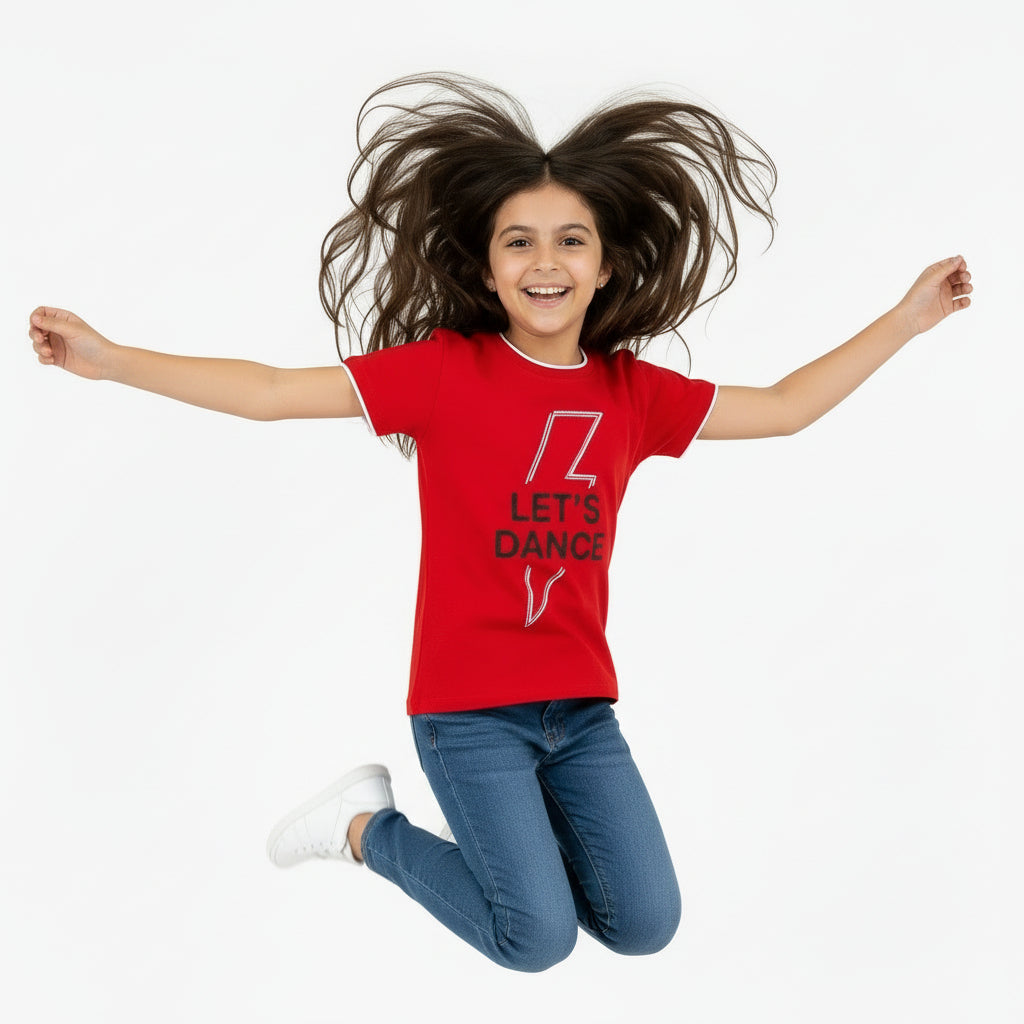 People t-shirt mezza manica bambina rossa con stampa "Let's dance"