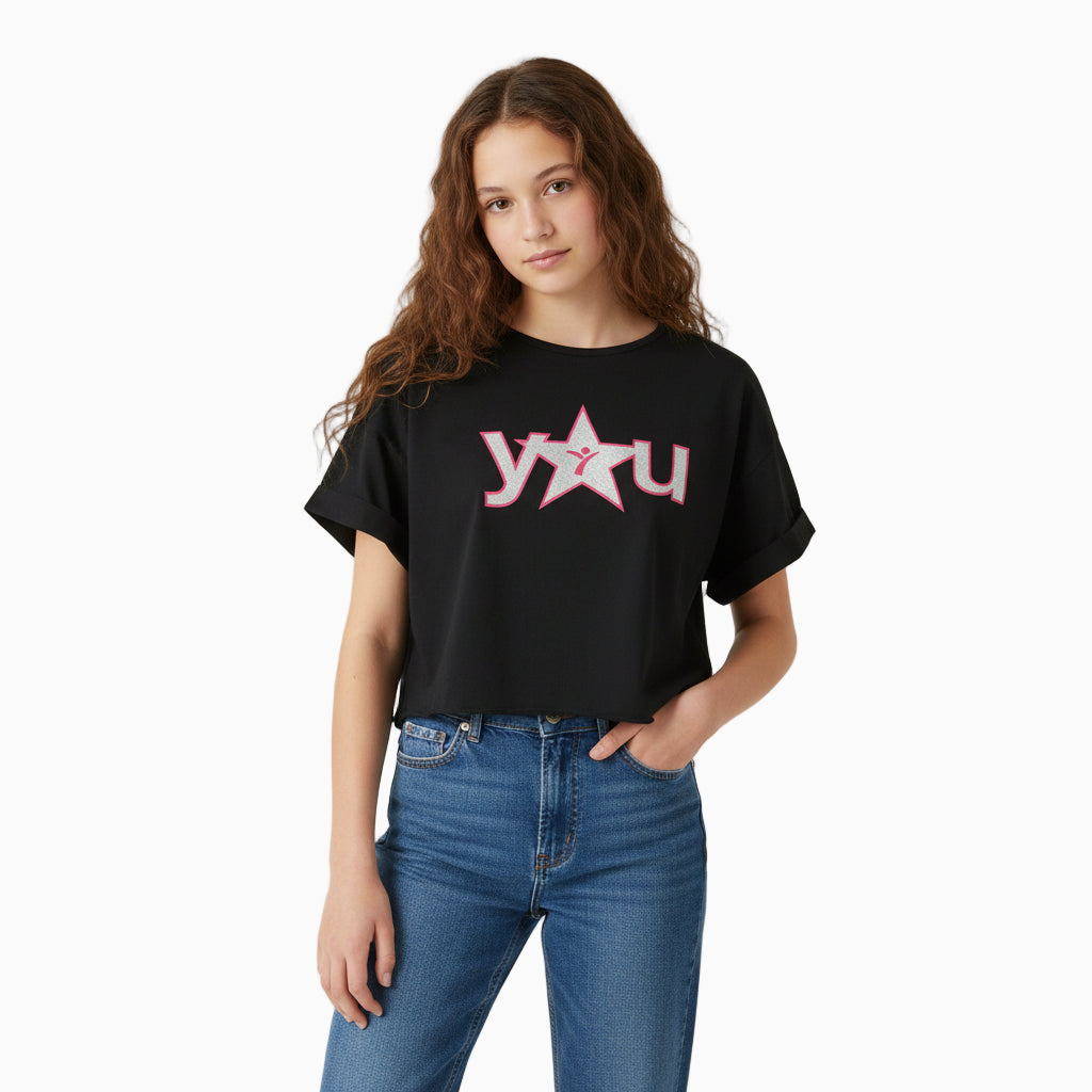 People maglia cropped bambina nera con stampa