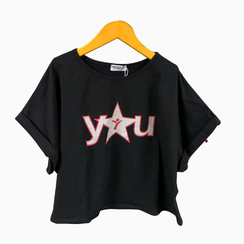People maglia cropped bambina nera con stampa