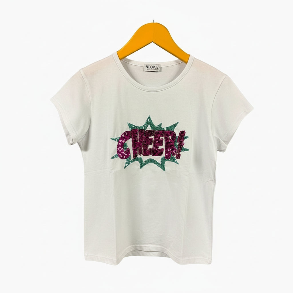 People t-shirt mezza manica bianca bambina con paillettes fucsia - Abbigliamento bambini firmato | CDifferent Outlet