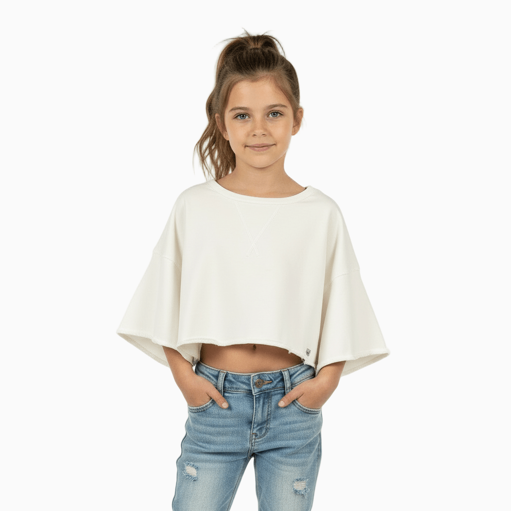 Please felpa cropped bambina bianca maniche ampie