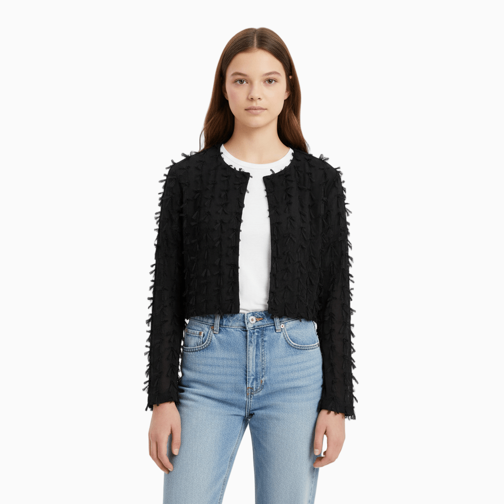 Please giacca crop bolero con fronzoli bambina nera