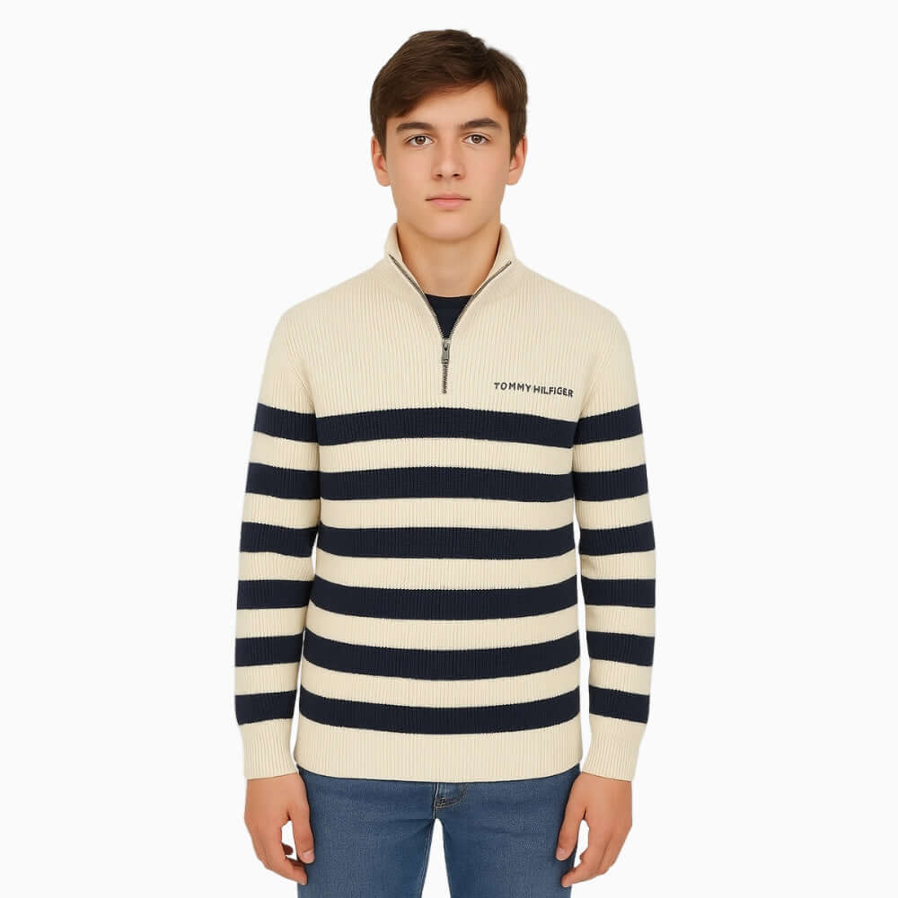 Tommy Hilfiger felpa a mezza zip con colletto bambino panna