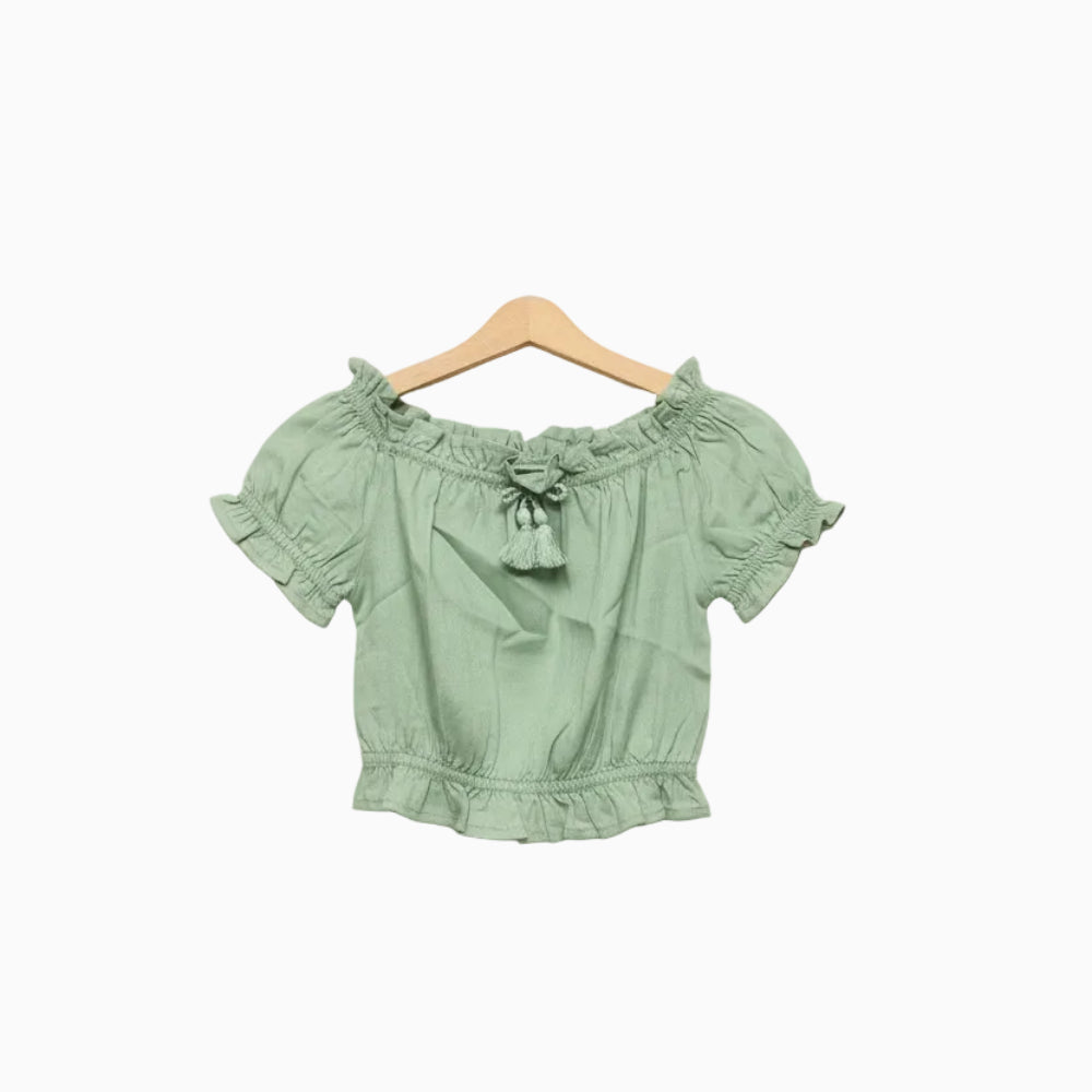 Mayoral top bambina verde salvia con laccetto e nappa