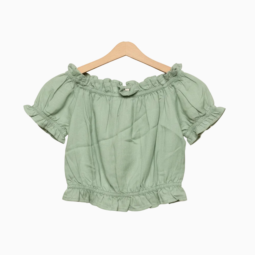 Mayoral top bambina verde salvia con laccetto e nappa