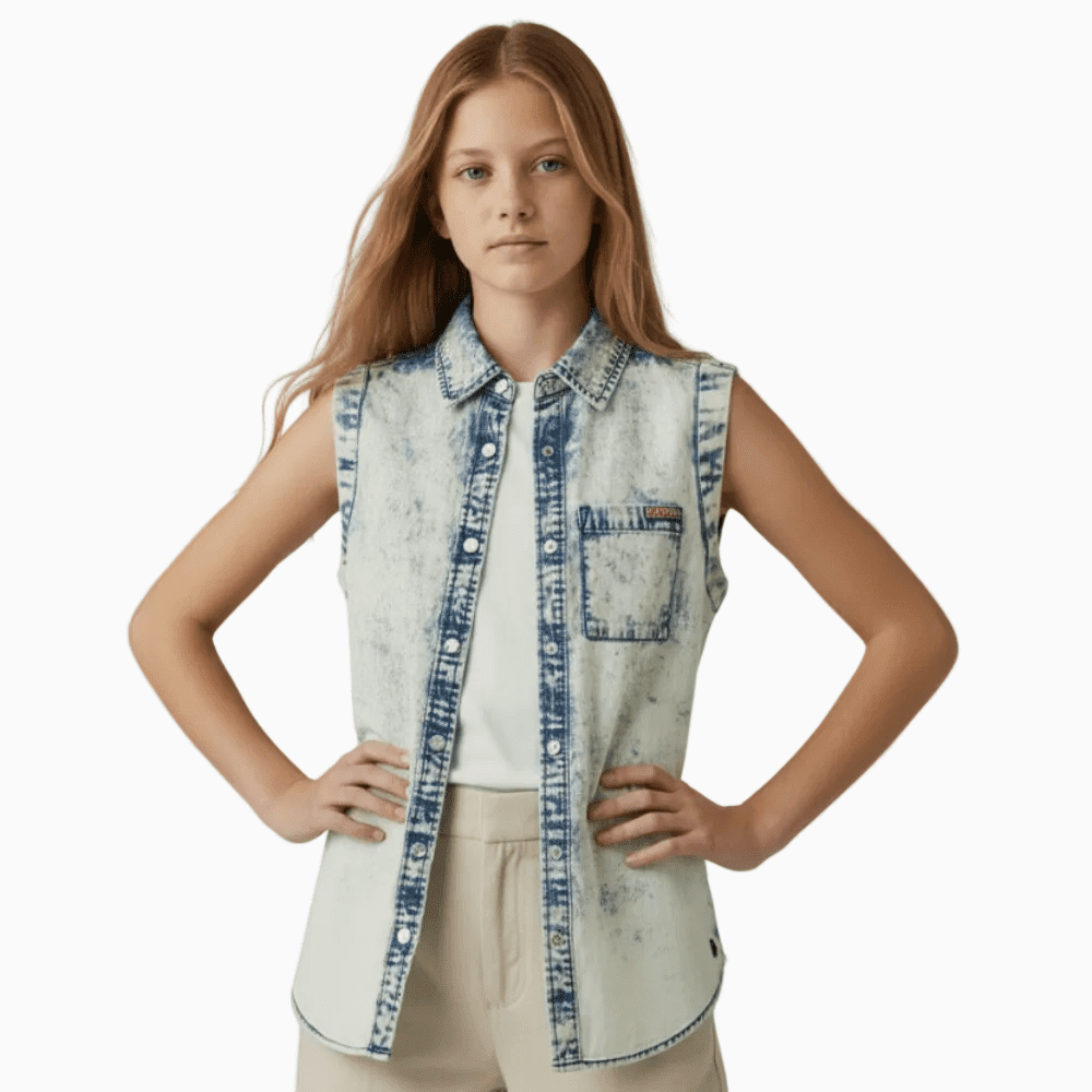 Vingino camicia bambina smanicata effetto denim con pizzo - Abbigliamento bambini firmato | CDifferent Outlet