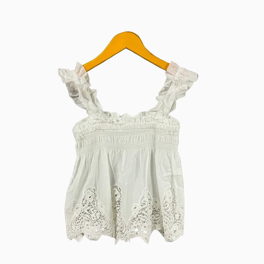 Mayoral top bambina bianco con spalline arricciate e pizzo