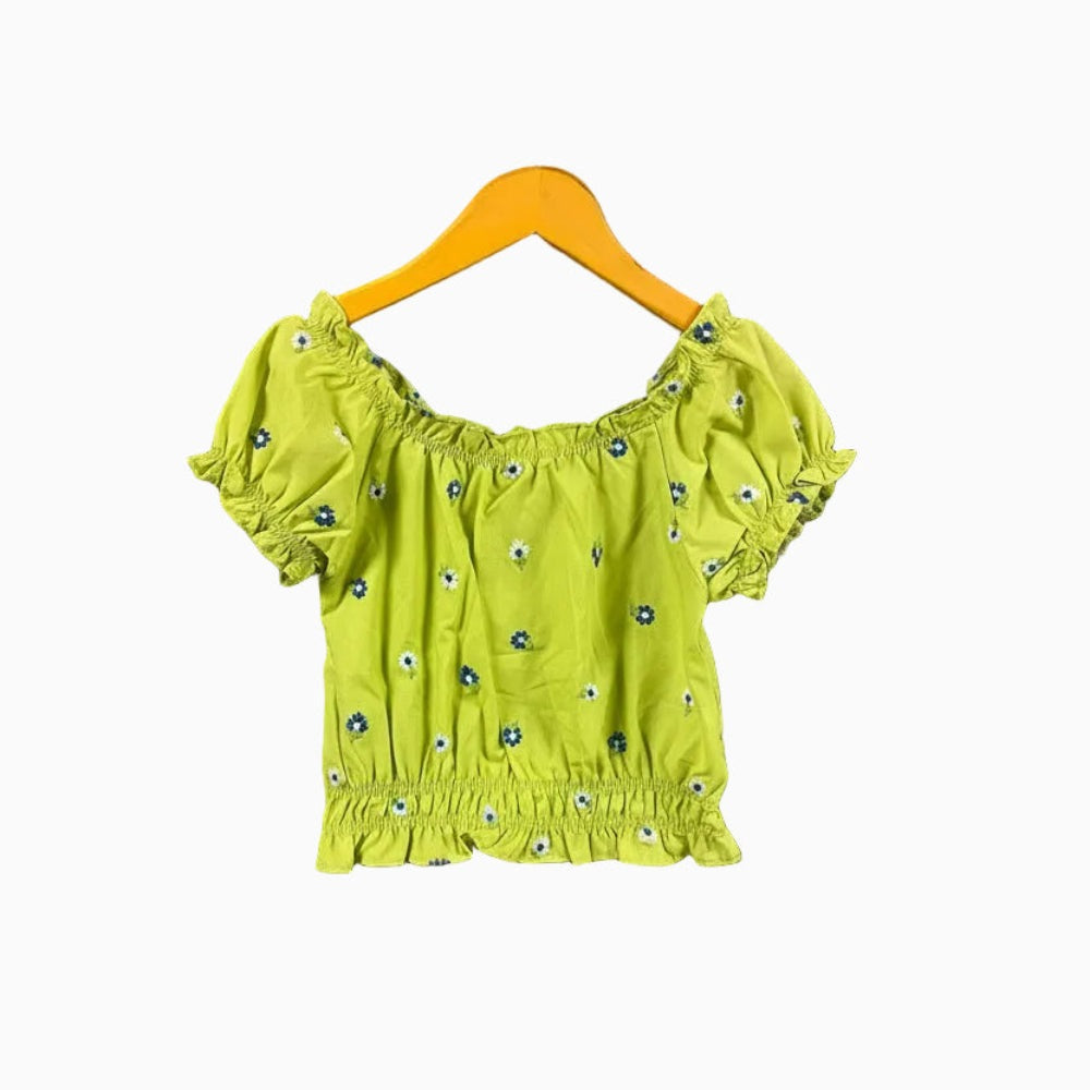 Mayoral top bambina verde con fiorellini ricamati - Abbigliamento bambini firmato | CDifferent Outlet