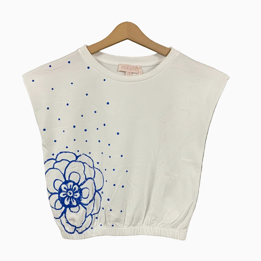 Please top bambina bianco con stampa floreale blu