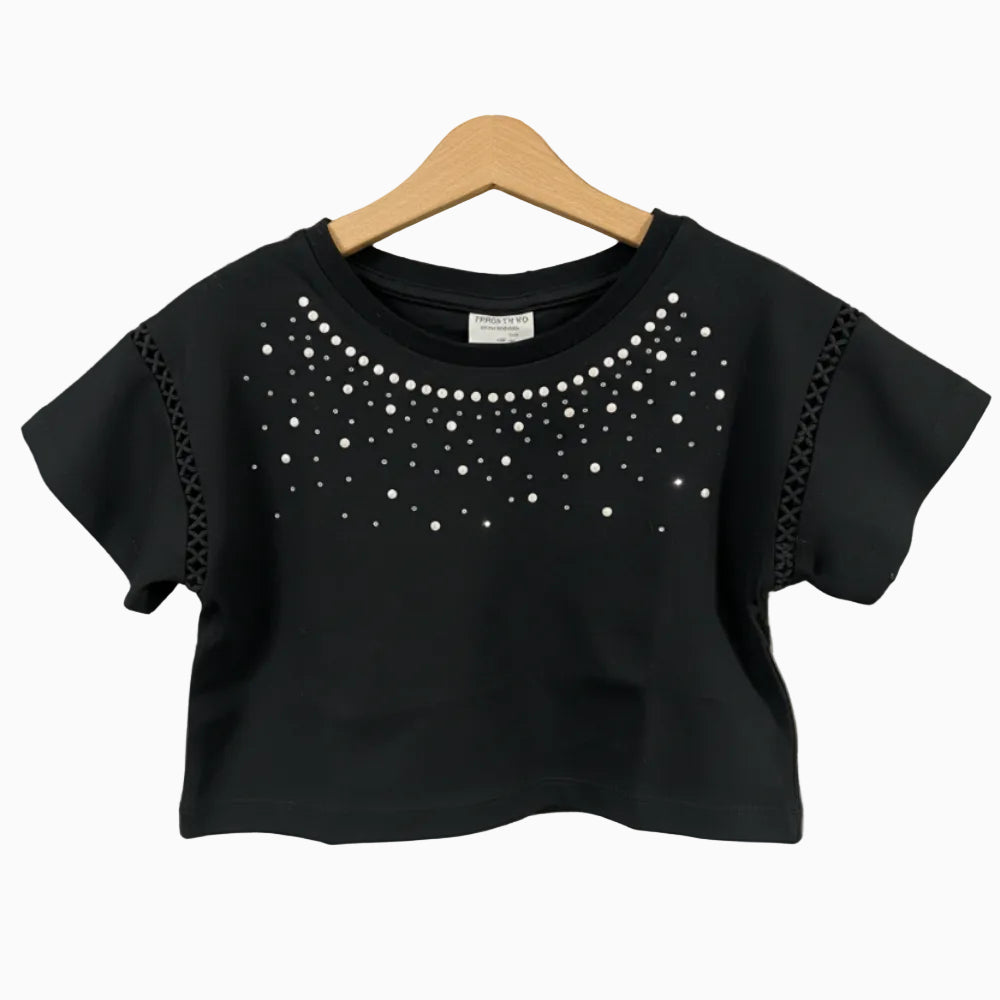 Trybeyond top manica corta bambina nero con perle