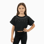 Trybeyond top manica corta bambina nero con perle