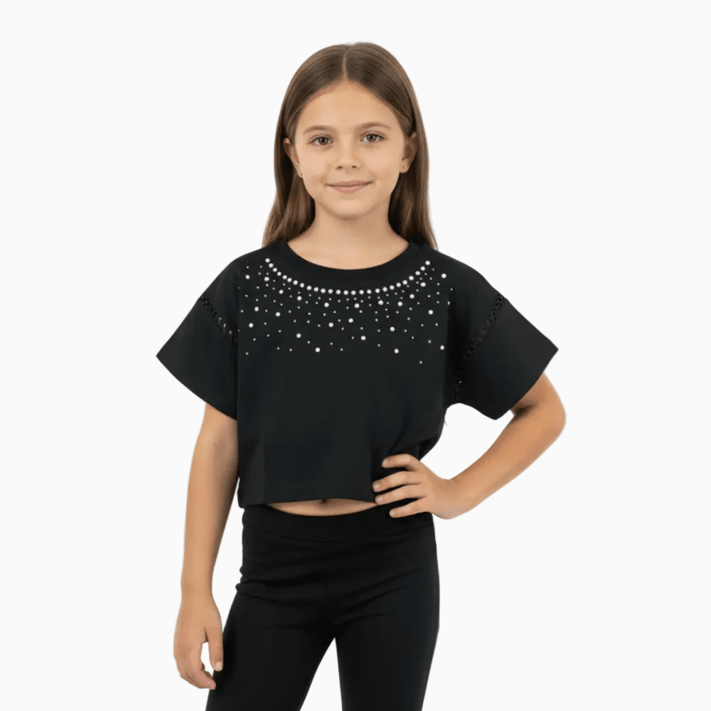 Trybeyond top manica corta bambina nero con perle